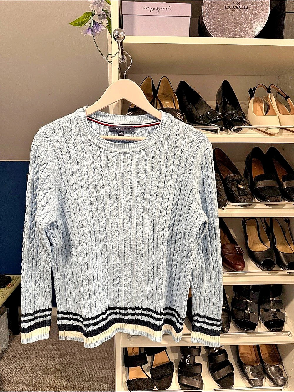 Tommy Hilfiger Cable Knit Stripe Cuffs Blue Sweater